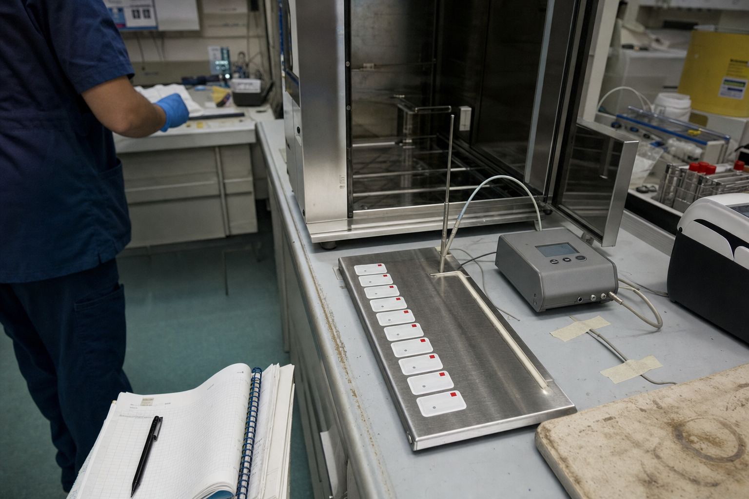 Des étiquettes en cours d'étalonnage à côté d'une sonde de référence au laboratoire.