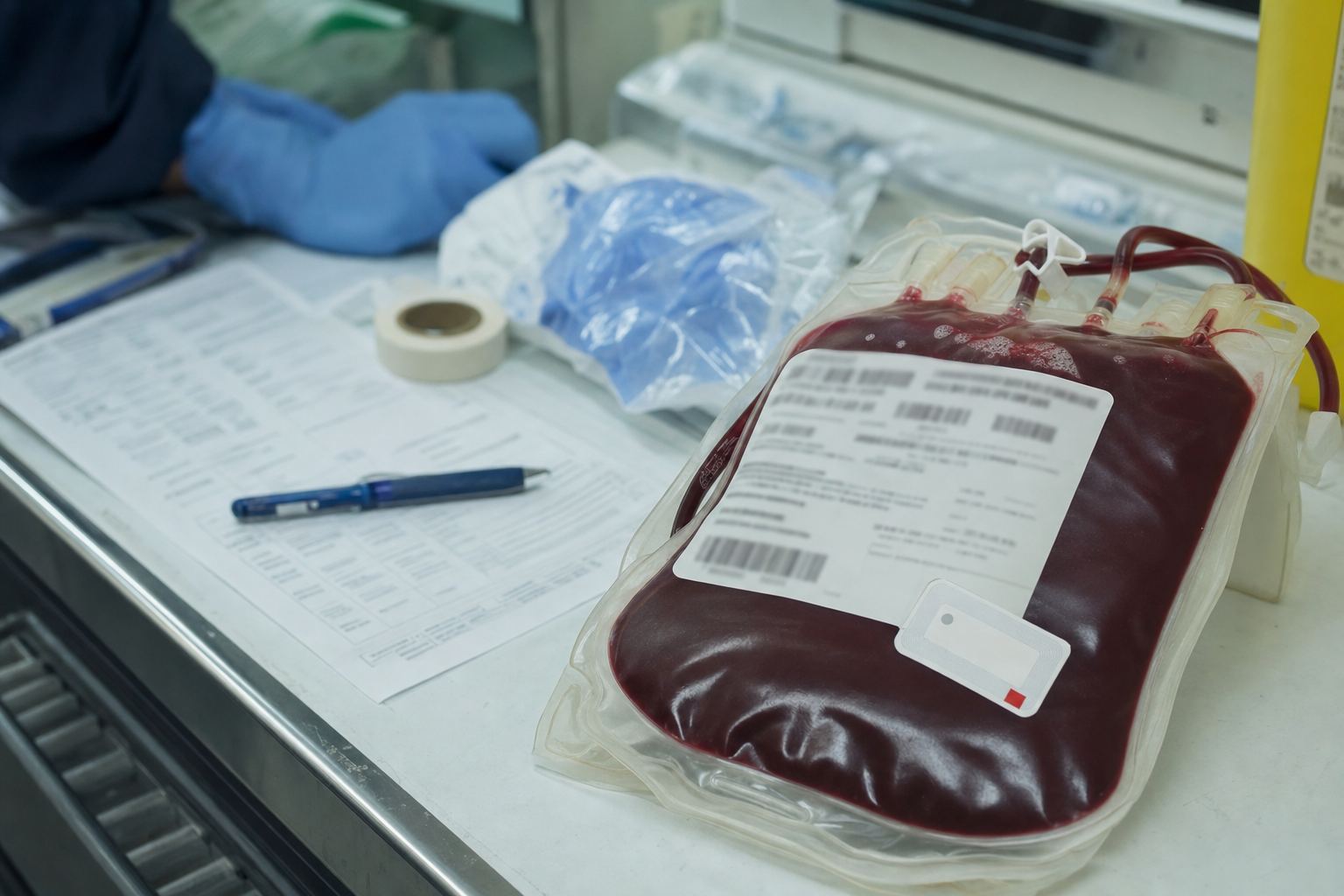 Une unité de globules rouges sur un comptoir en acier, l'étiquette Hematag collée sur le plastique.
